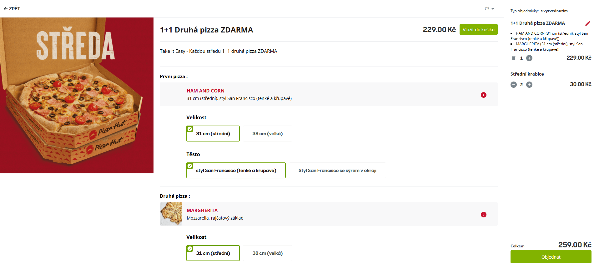 Pizza Hut - akce 1+1 zdarma na pizzy