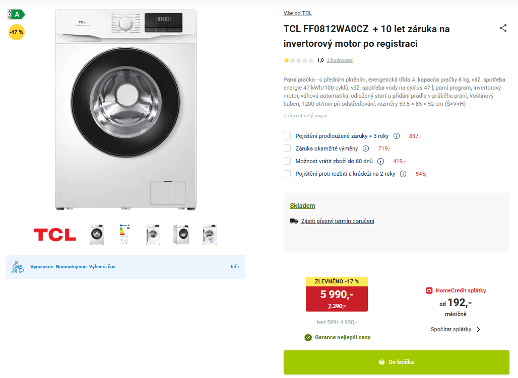Parní pračka TCL 8kg, 1200ot., A, AddWash