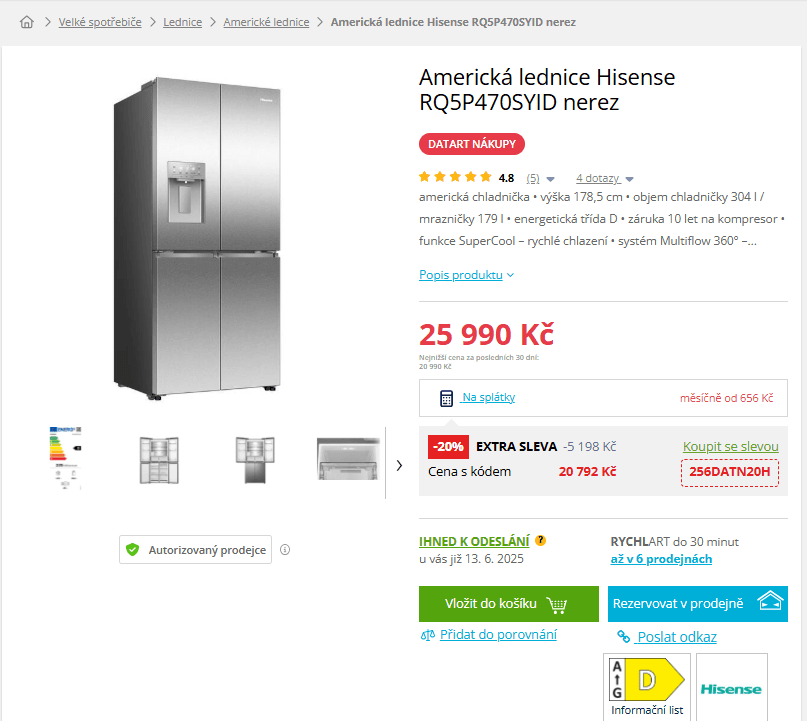 Am lednice Hisense, led, voda, Wifi, 179cm